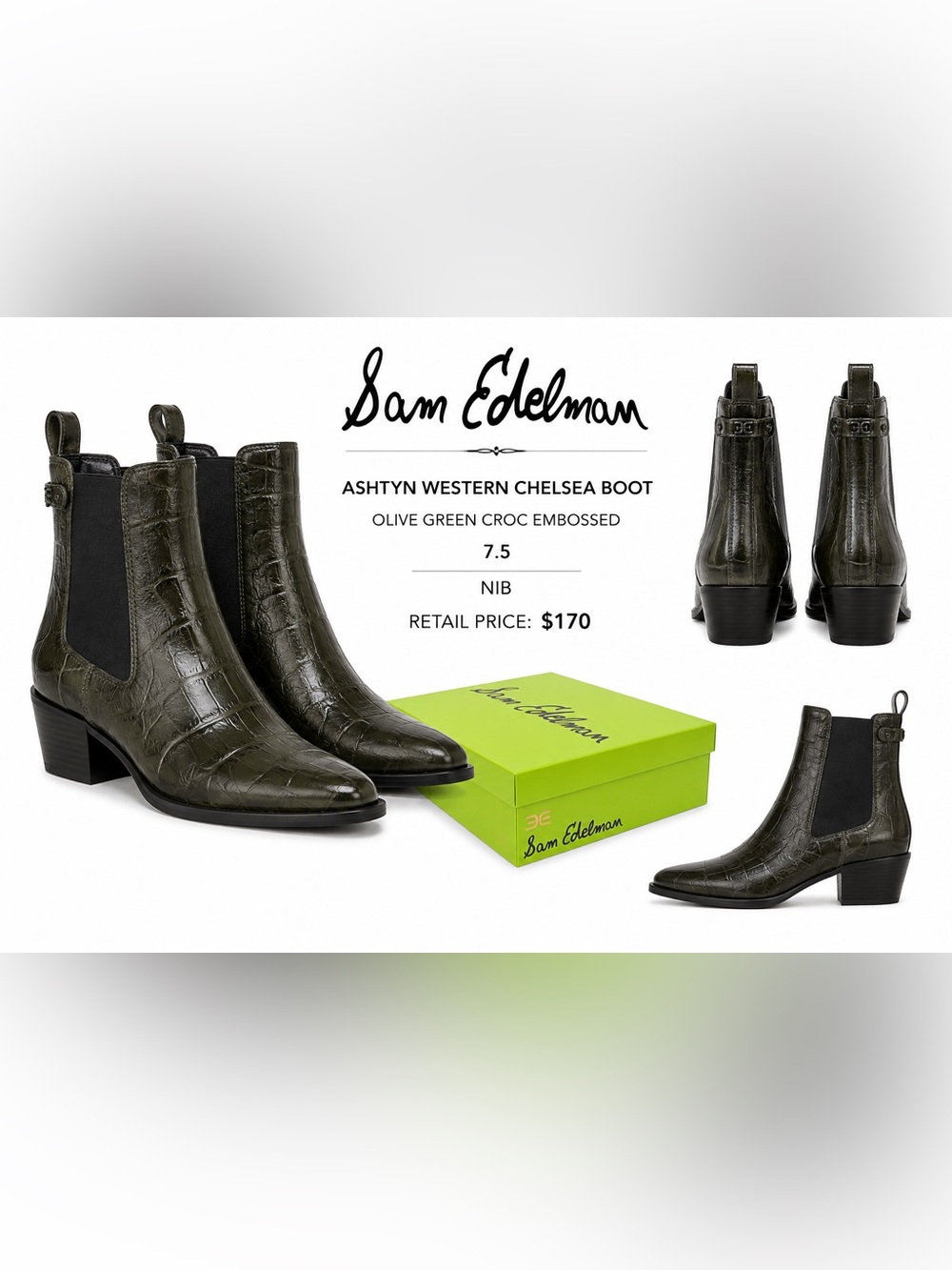 Sam Edelman Ashtyn Western Chelsea
Boot Olive Green Croc Embossed NIBOX